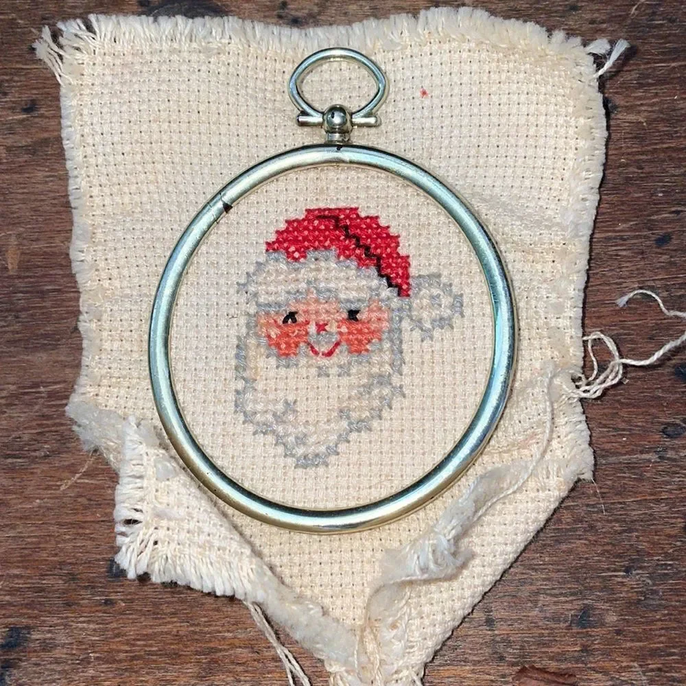 Set of‎ 2 vintage homemade/handmade Santa Christmas ornaments in frames